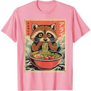 Japanese Kawaii Raccoon Eating Ramen Anime Gifts Funny Boys T-Shirt, Pink, Medium