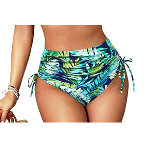 Women High Waisted Bikini Bottom -  Tummy Control Bathing Bottom 2025 Swimwear (Medium, Blue Leaves)
