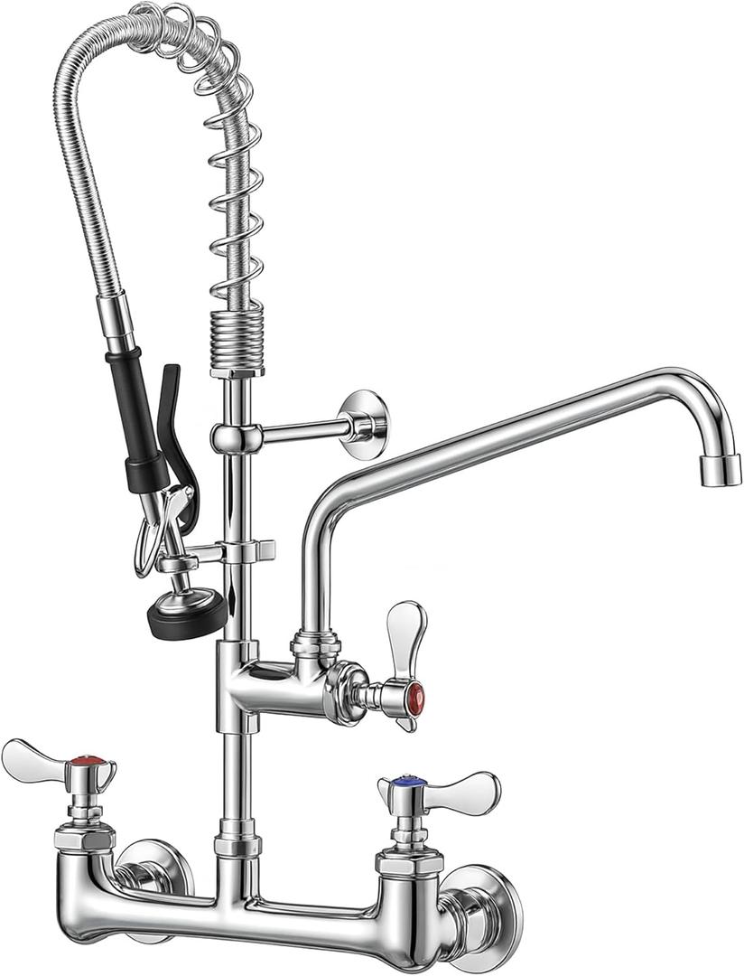 Commercial Faucet with Sprayer, Brass Chrome Wall Mount Restaurant Kitchen Sink Faucet 25" Height 8" Center with Coilded Spring Pull Down Pre Rinse Sprayer, 12" Spout and 18" Hose (25 inches)