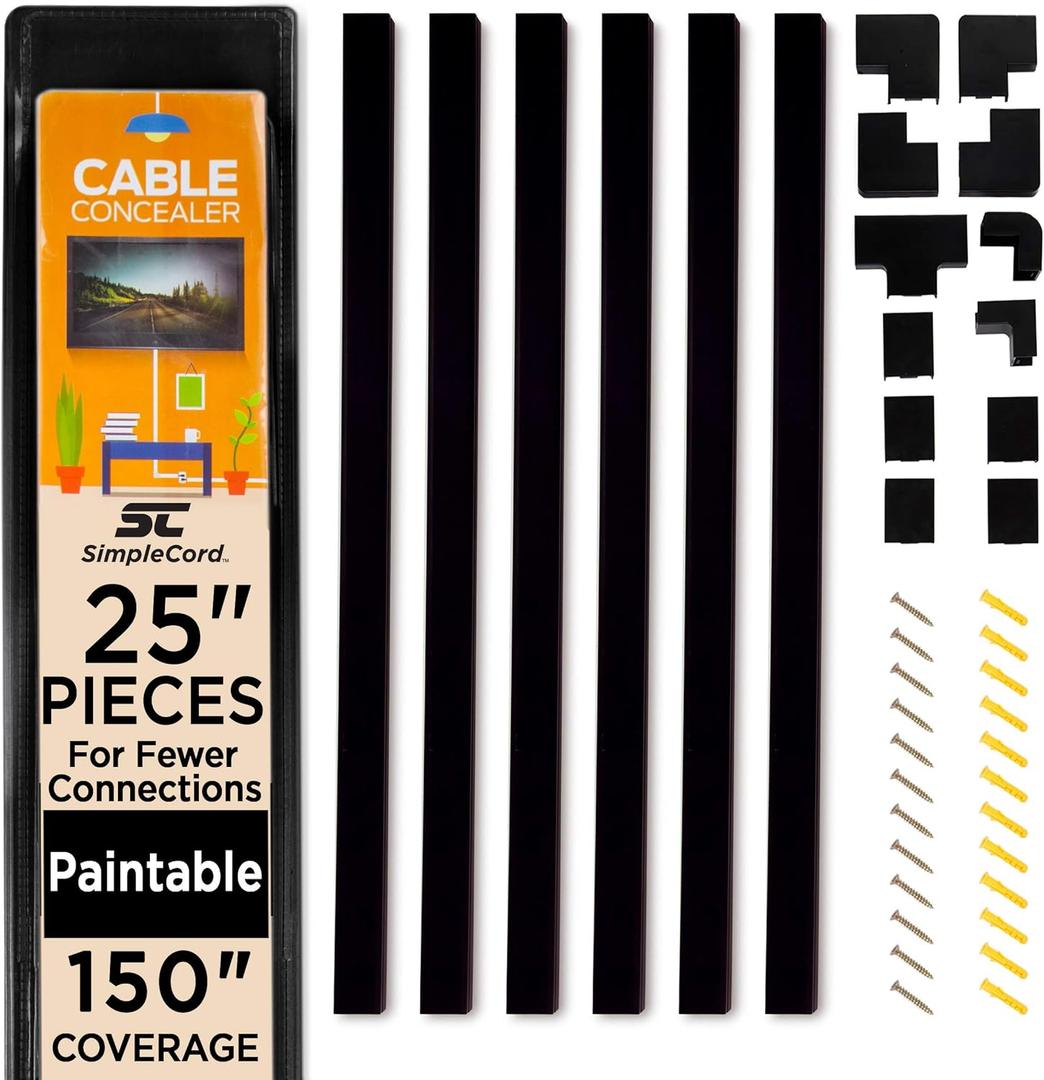 Simple Cord Cable Concealer On-Wall Cord Covers with 6, 25 Raceways  150 Cable Management System Hides Cords, Wires for Wall TVs, Computers  Black