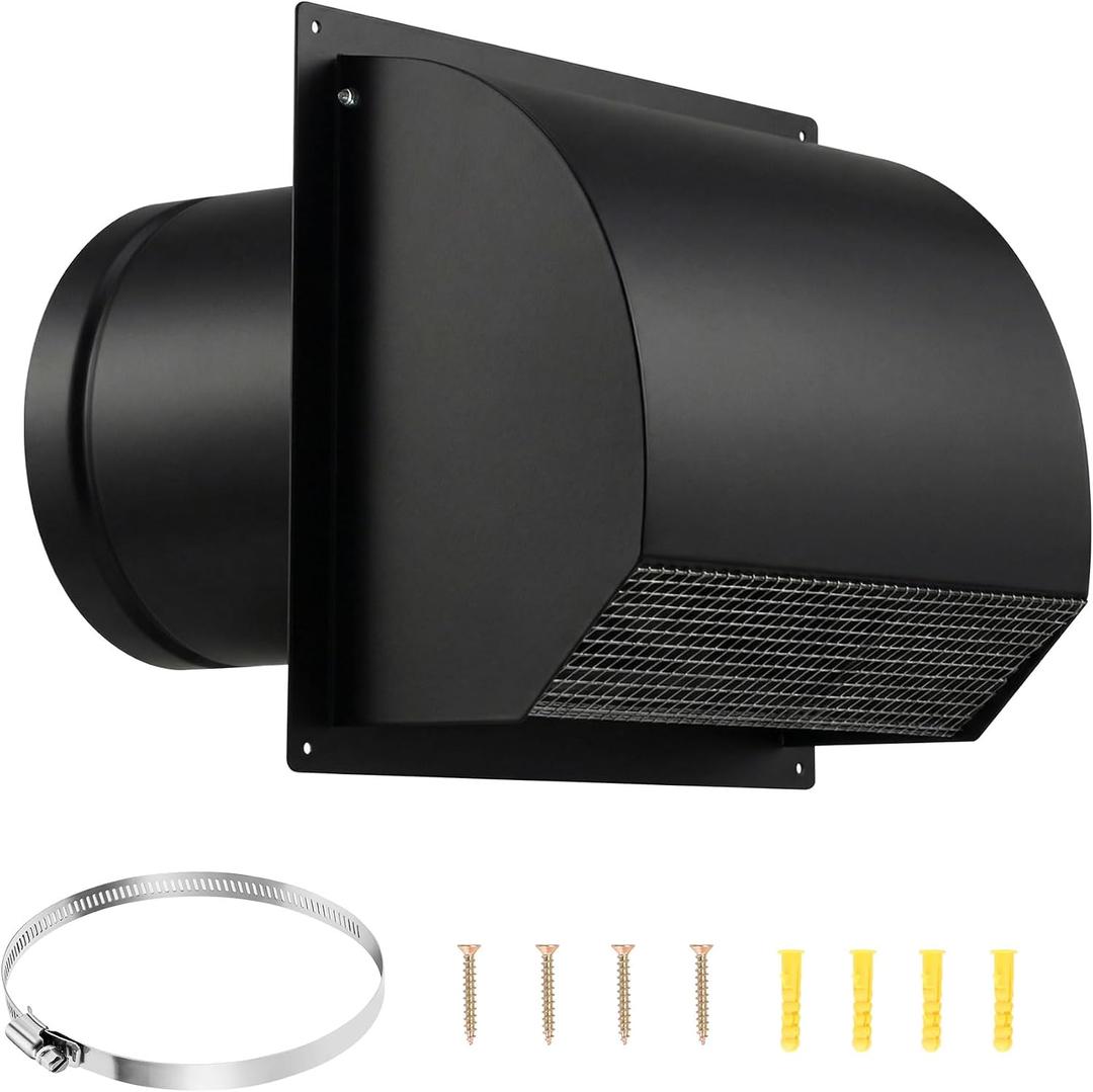 8 Inch Steel Hooded Wall Vent Cover with Screen and Backdraft Damper, Black