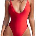 Women's One Piece Swimsuits Sexy V Neck Bathing Suit Open Back High Cut Swimwear Red M