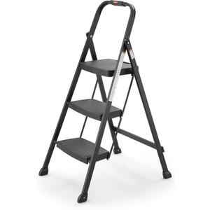 Rubbermaid 3-Step Steel Ladder, Folding Step Stool with Hand Grip and Non-Slip Feet, Black, Tested to ANSI US Safety Standards, No Assembly Required