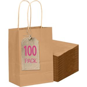 qiqee 100Packs Mini Size Paper Gift Bags with Handles Bulk 4.5"×2.5"×6" Brown Gift Bags Multiple Uses
