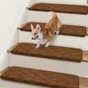 Bullnose Stair Treads Non Slip 9.5" x 32", 14 Pcs Carpet Stair Treads for Wooden Steps Indoor with Edge Protection, Reusable Peel and Stick TPU Backing Stair Runner Rugs - Diamond Pattern Brown