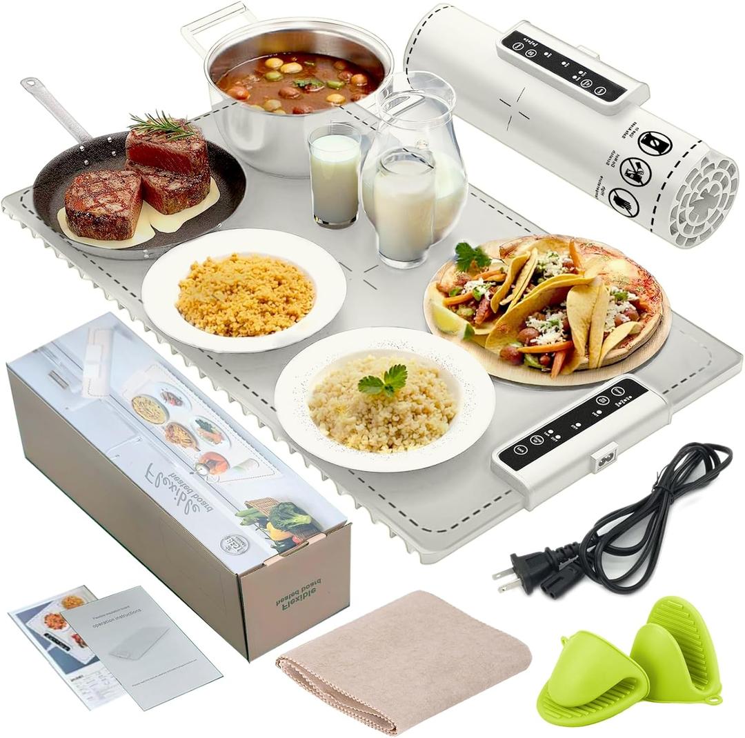 Food Warming Mat, Upgraded Electric Warming Tray with 2 Silicone Mitts and Loofah Cleaning Cloth, Fast Heating Silicon Warming Mats for Food, Roll Up Heating Plates, Portable Design (White)