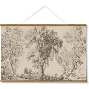VIYYIEA Extra Large Size Canvas Wall Art, 36x54 Inch Vintage Tree Landscape Hanging Scroll, Oversized Rustic Nature Artwork for Living Room, Bedroom, or Study (Three Trees Composition)