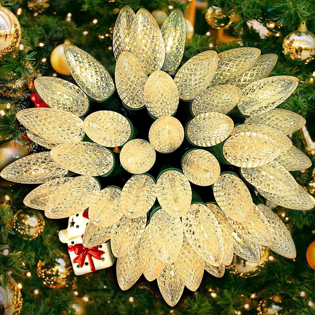 C9 LED Christmas Lights Outdoor, 100 Feet LED C9 String Lights Warm White Strawberry Bulbs, Waterproof Connectable Christmas Tree Lights for Outside Roofline Patio Home Xmas Party Decor