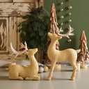 Bucherry 2 Pcs Christmas Rattan Reindeer Figurines Brown Resin Couple Deer Sculpture Tabletop Reindeer Farmhouse Xmas Table Centerpiece Decor for Mantel Fireplace Living Room Office Gifts