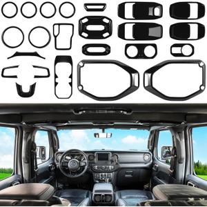 23PCS Full Set Interior Decoration Trim Kit for Jeep Wrangler JL JLU Gladiator JT 2018-2023 Steering Wheel Door Handle Air Conditioning Vent Cup Holder Reading Light Headlight Gear Cover (Black)