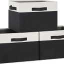GhvyenntteS Large Storage Baskets for Shelves Pack of 3, Collapsible Fabric Storage Bins with 3 Handles, Decorative Closet Organizers and Storage bins for Clothes Blanket Beddings (Black, 15"x11"x9.6")