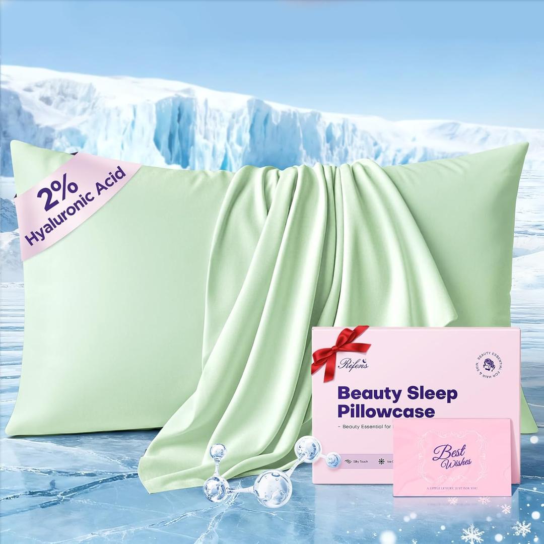 Instant Chill Cooling Pillowcase for Hot Sleepers, 2% HA Infused Pillowcase Hydrates Skin & Hair, Reduces Wrinkles & Frizz, Softer Than Silk Pillow Cases, Pillow Covers Standard (Grass Green, 1 Pack)