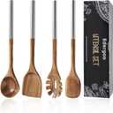 Edergoo 4 PCS Acacia Wood Cooking Utensils Set with Magnetic Hanging Handles Stainless Steel, Heat-Resistant Multi Function Cooking Tools