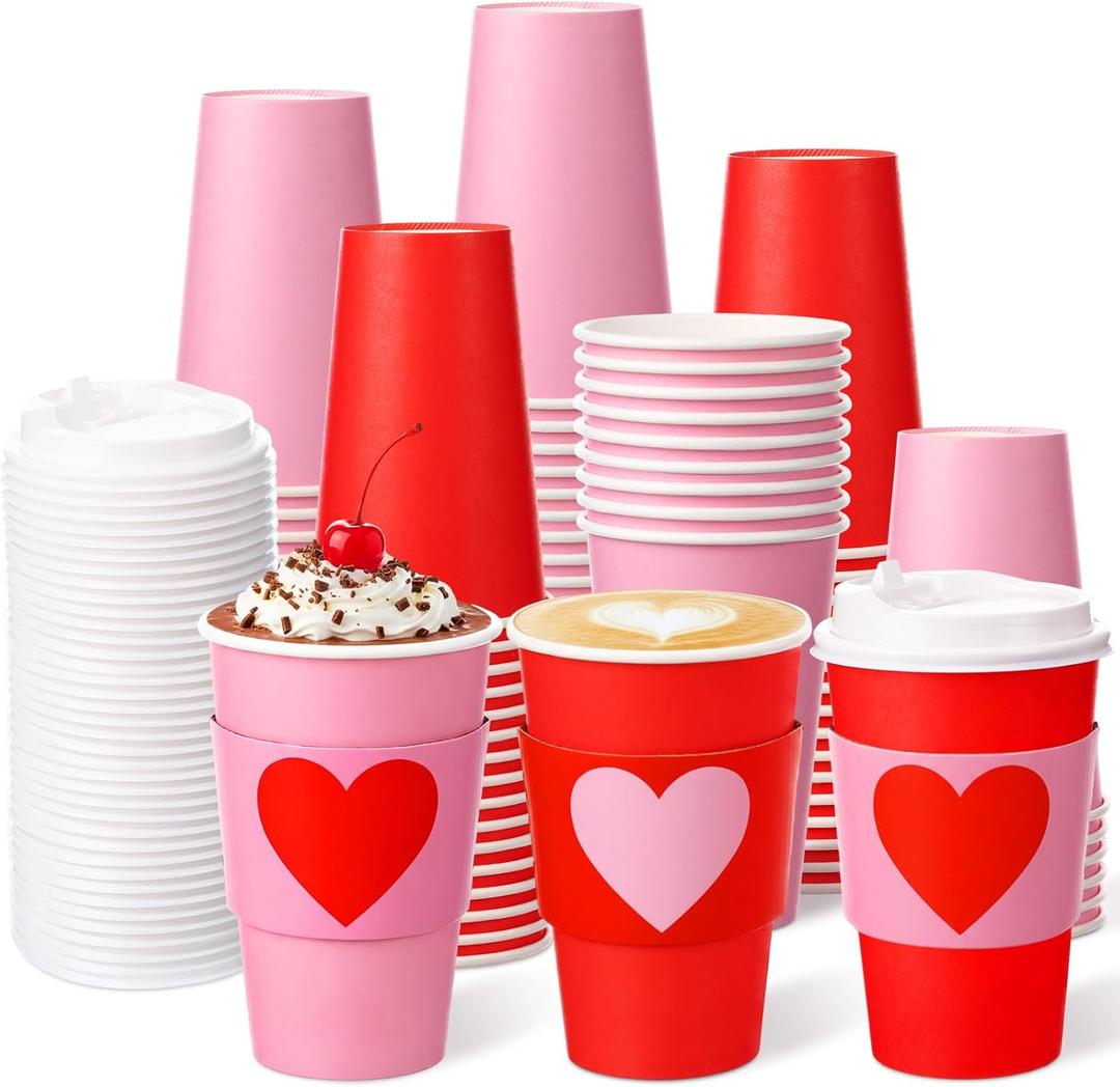 24 Set Valentine's Day Disposable Coffee Cups with Lids and Sleeves 16oz Red Pink Paper Cups Beverage Drinking Cup Heart Shaped Sleeves for Anniversary Wedding Bridal Shower Party Supplies