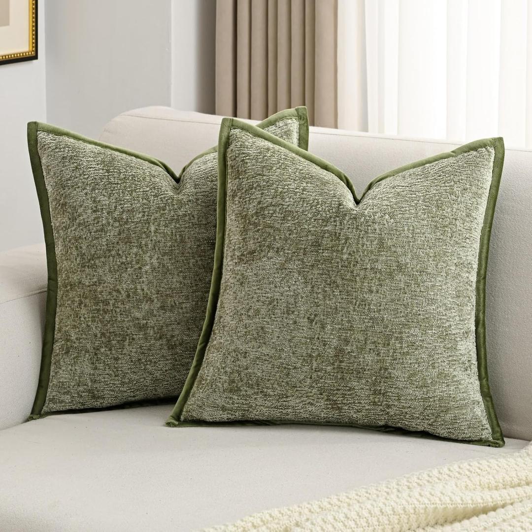 FUTEI Sage Green Chenille Throw Pillow Covers 16x16 Inch Set of 4,Soft Cozy Bound Edge Design Cushion Case,Home Decor for Couch Bed Living Room
