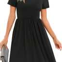 2024 Women's Summer Casual Short Sleeve Pleated A-Line Midi Loose Fit Swing Dresses T-Shirt Flowy Sundress with Pockets Black, X-Large (Black, XL)