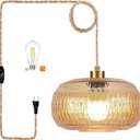 QIYIZM Plug in Pendant Light Hanging Lights with in Cord Mid Century Modern Gold Hanging Lamp Flower Glass Amber Vintage Dimmable Chandelier Ceiling Fixture for Living Room,Kitchen,Boho