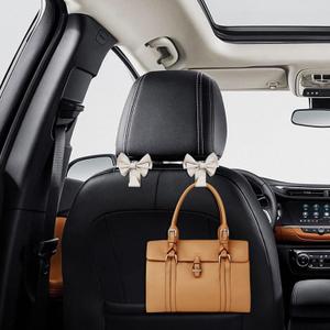 2 x 2PCS Car Hooks for Purses and Bags, Cute Bow Car Seat Headrest Hook, Car Accessories Multipurpose Back Seat Hanger Storage Organize Universal for Vehicles (2PCS-White Bowknot)