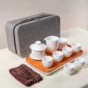 KEYDUACU Gaiwan Chinese Gongfu Tea Set，Asian Adult White Ceramic Tea Set, 6 Cups Suitable for Small Gatherings, Home, Office and Travelling, Gift Giving(Travel-White)