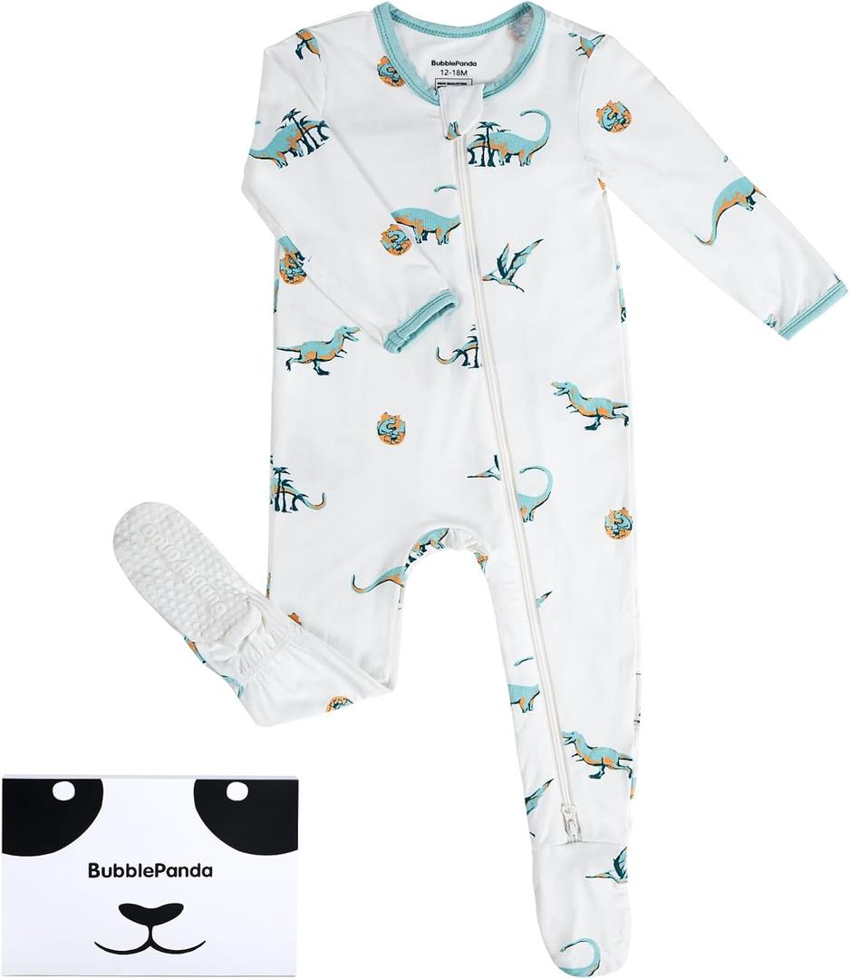 BubblePanda Rayon Made From Bamboo Baby Pajamas Baby Clothes for Boys Girls Unisex Zip-Front Non-Slip Onesie Sleeper (12-18 Months, Dinosaur)