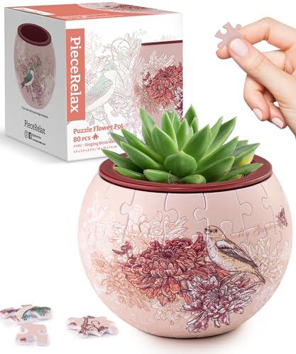 PieceRelax 3D Puzzle Planter - Singing Birds and Flowers - Danish Folklore Style, Home Decor Flower Pots for Indoor Cactus, Succulents Pots [K1100]