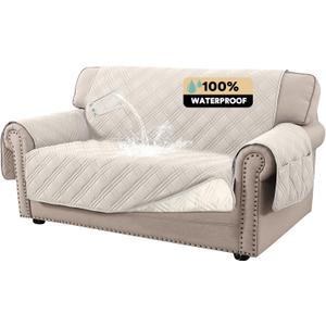 PrinceDeco 100% Waterproof Loveseat Covers for 2 Cushion Couch Sofa Covers Waterproof and Washable Sofa Slipcover with Side Pocket Furniture Protector with Elastic Straps(Loveseat 48", French Oak)