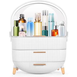 RMAN Makeup Organizer for Vanity Make up and Cosmetics Storage with Lid and Drawers Skincare Organizers Display Cases for Countertop Bathroom Dresser (Style A White)