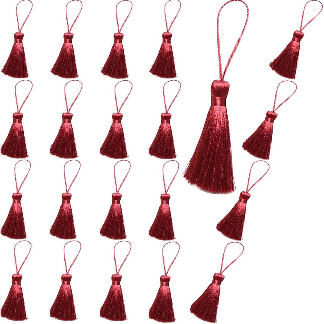 20pcs 3.7 Inch Mini Tiny Craft Tassels Soft Elegant Handmade Silky Floss Tassels with Cord Loop for Keychain Earring, Jewelry Making, Graduation, Bookmarks, Gift Tag DIY Craft Projects (Wine red) (Yz0951)