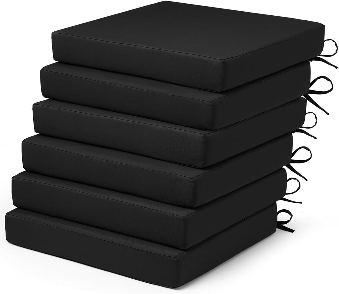 Outdoor Chair Cushions Set of 6 Fade Water Resistant, Patio Furniture Cushions with Non-Slip Ties,Square Cushions for Outdoor Furniture and Lawn Dining Chairs, 18.5 x 16 x 3, Black Outdoor Chair Cushions Set of 6 Fade Water Resistant, Patio Furniture Cushions with Non-Slip Ties,Square Cushions for Outdoor Furniture and Lawn Dining Chairs, 18.5 x 16 x 3, Black