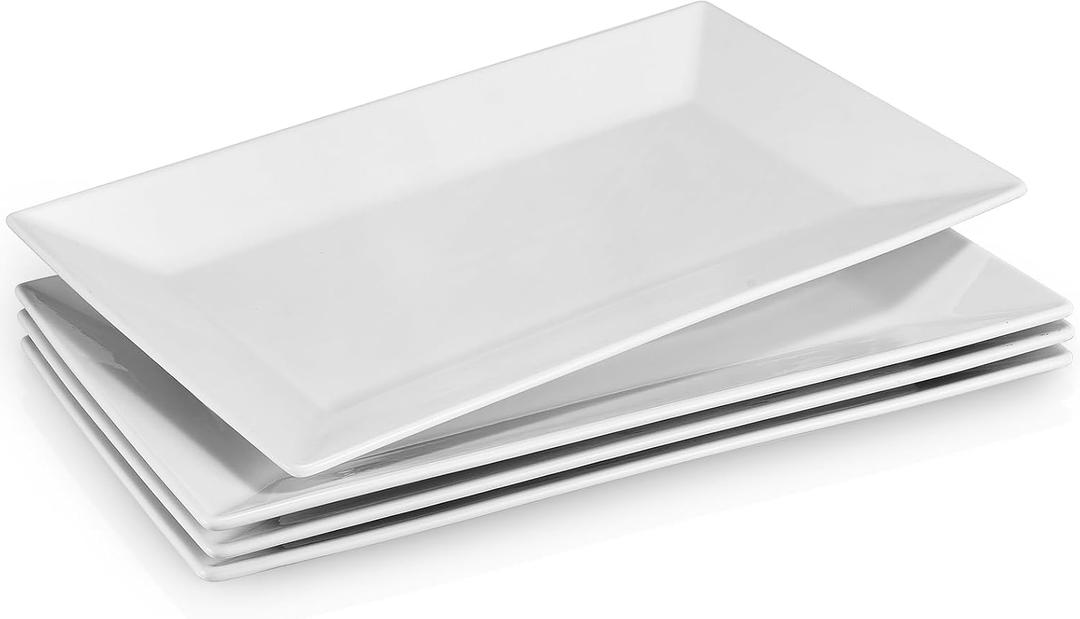 DOWAN 14" Serving Trays, Serving Platters, Ceramic Serving Platters and Trays, Rectangle Plates, Set of 4, for Weddings, Parties, Oven, Microwave, Dishwasher, Heat Resistant, Easy to Clean, White