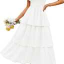 ZESICA Women's Summer Smocked Midi Dress 2026 Casual Puff Short Sleeve Flowy Tiered Boho Beach Vacation Long Dresses (Medium, White)