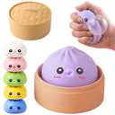 Dumpling Squishy Toy with Bubble Blowing Feature, Squishy Dumpling Stress Relief Toy, Cute Bao Bun Squeeze Toy with Steamer Box, Soft Sensory Fidget Desk Toy Gift