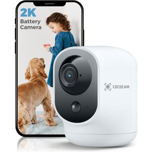 COCOCAM 2K Indoor Pan/Tilt Security Camera with 5200mAh Battery, WiFi Camera,Wireless for Baby Monitor/Pet/Home Security, AI Recognition, PIR Human Detection, 2.4G WiFi (White)