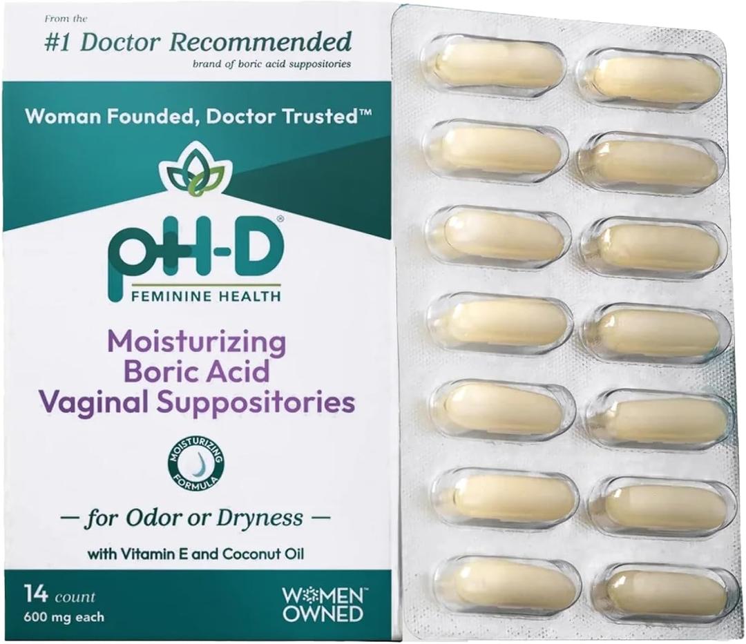 pH-D Feminine Health Support - Boric Acid Moisturizing Suppository - Woman Owned - for Vaginal Odor - Paraben-Free and Cruelty-Free - 14 Count