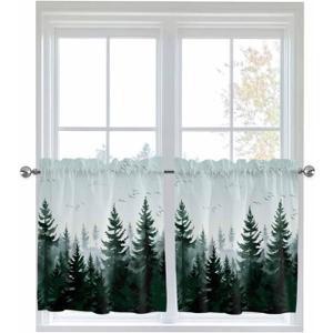 Pine Tree Forest Kitchen Curtain 24 Inch Length Small Short Cafe Tiers Curtains Drape, 2 Panel Window Treatment Rod Pocket Drapery Panels Curtains, Green Landscape Nature Decor 55x24