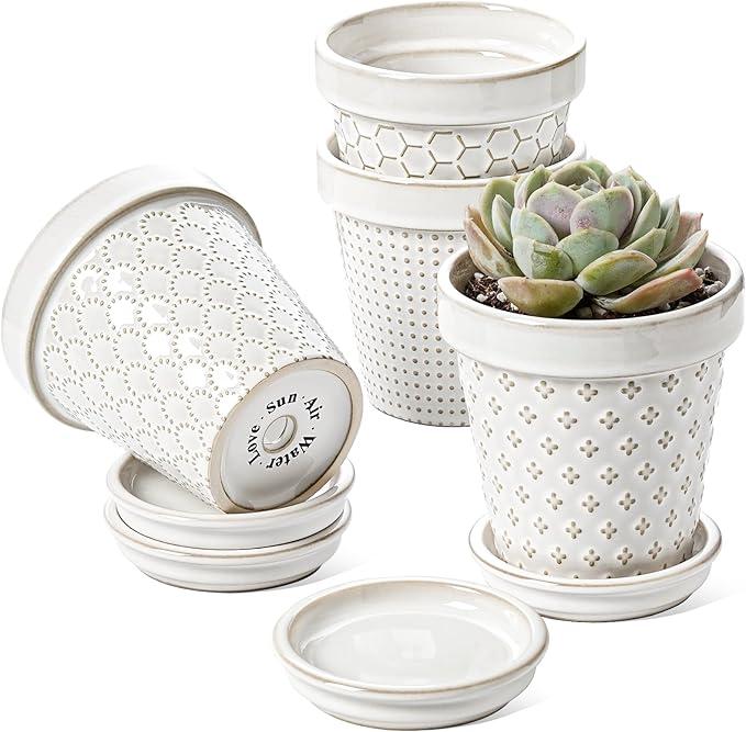 LE TAUCI Ceramic Succulent Pots, 4 Inch Small Plant Pot for Indoor Plant Cactus, Embossed Flower Pots with Drainage Hole & Saucer  Set of 4, Arctic White