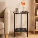 2-Tier Metal Round Side Table Black Accent Coffee Tables Small Space Corner Plant Stand Shelf for Indoor Outdoor Use Patio Balcony End Table Laser-Cut Floral Pattern Weather-Resistant, 23.5"H x 13"D