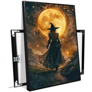 XWNLTEPK Halloween Night Witch and Full Moon Art Print Canvas Poster Suitable for Wall Decoration Home Seasonal Decor Spooky Atmosphere Theme Living Room Bedroom Party Wall Art Gothic Design Element (8x12in Black Framed, A01)