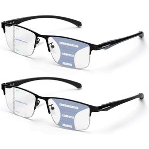 2 Pack Men's Progressive Multifocal Reading Glasses,Half Rim Metal Frame TR90 Temples Blue Light Blocking Anti Eyestrain Multifocus Computer Readers,2.5x