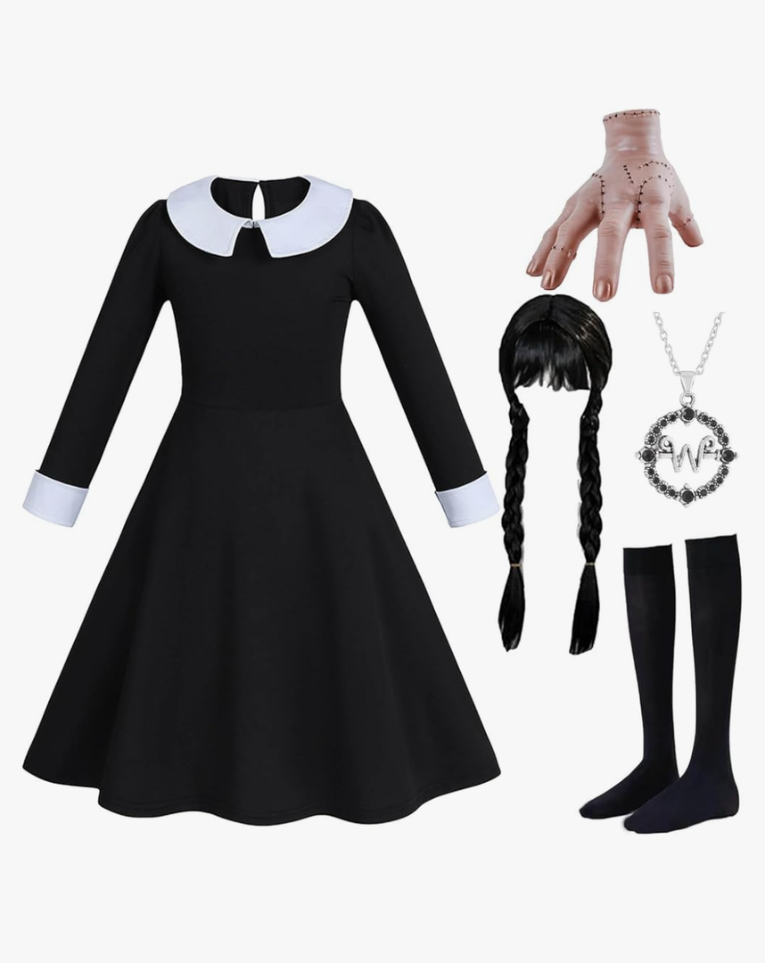 5pcs Girls Halloween Costume Girls Black Dress Long Sleeve with Wig Necklace Sock, L 