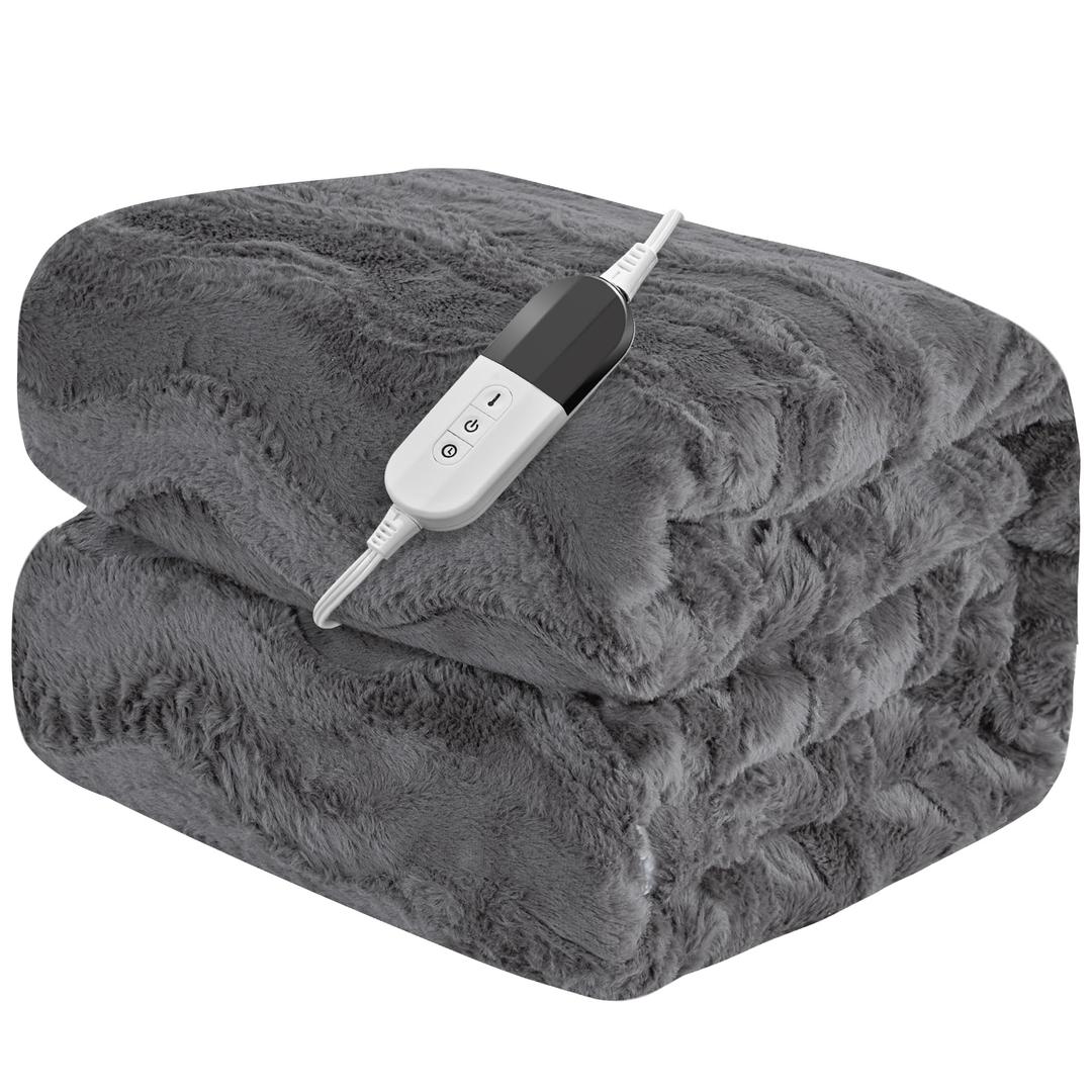 VIPBED Heated Blanket Twin Size, Warm Soft Faux Rabbit Fur Electric Blanket with 6 Heating Levels & 10 Hours Auto-Off, Fast Heating & Over-Heat Protection, Machine Washable - Grey, 62”x 84”