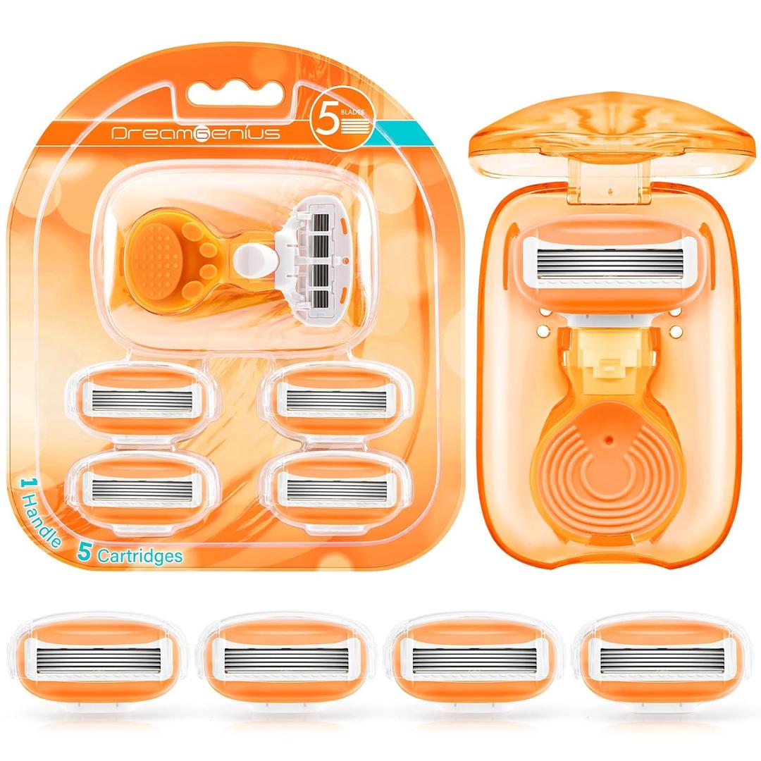 DreamGenius Travel Razors for Women Include 1 Handle and 5 Cartridges, Extra Smooth 5-Blade Travel Essentials Razor with Case for Shaving, Orange
