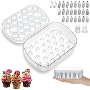 Cake Decorating Tips Storage Set Including 25 Flower Piping Tips with 2 Pcs Icing Piping Tip Couplers 27 Grids Storage Container DIY Cake Flower Nails for Cookie Cupcake Floral Patterns