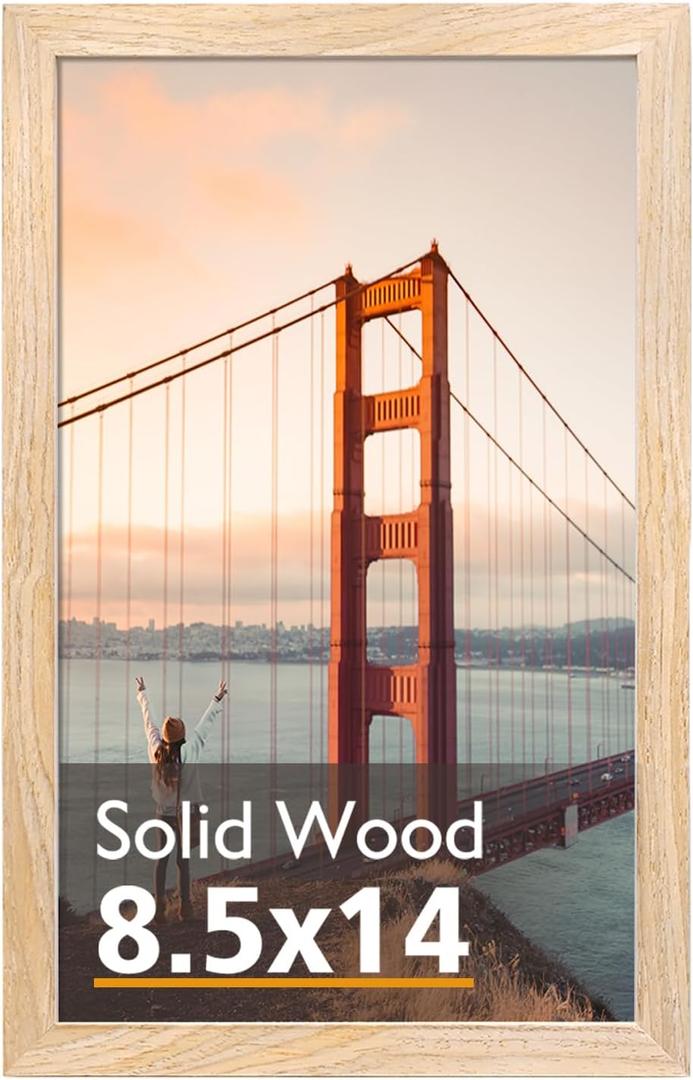KINLINK 8.5x14 Picture Frame, Natural Solid Wood Frame with Acrylic Plexiglass for Pictures 8.5x14 without Mat, Tabletop and Wall Mounting Display Photo Frame 1 Pack