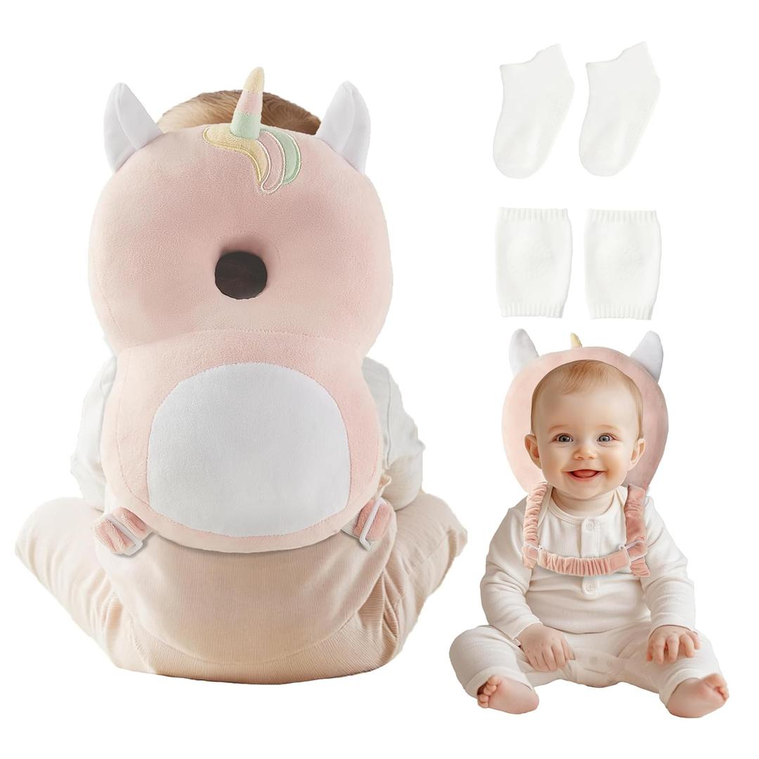 Baby Head Protector Backpack with Socks and Knee Pads - Adjustable Safety Pillow for Crawling Toddlers 5-12 Months, Soft Cushioned Support, Infant Travel Essentials Gift for Boys Girls (Unicorn) (Pink)