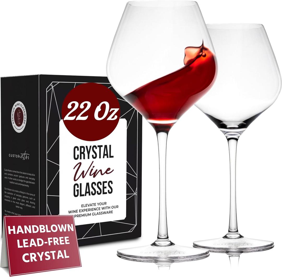 Gusto Nostro Crystal Wine Glasses Set of 2, 22 Oz Long Stem Modern Wine Glasses for White and Red Wine, Dishwasher Safe, Fancy, Elegant, Large and Tall Wine Glass for Wedding Christmas Anniversary (Crystal Design 3)