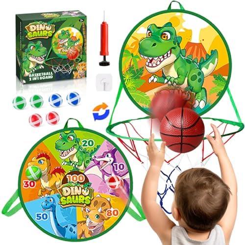 Basketball Hoop, 14" Mini Basketball Hoop for Toddler Indoor Outdoor Play Dart Board for Kids 2 in 1 Toddler Toys Dinosaur Birthday Party Favors Kids 3 Years Old, Green T-rex Yellow