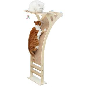 Cat Window Perch with Scratcher Ramp, 48" Climbing Tree Suctions Cups to Window Maximum Hold Up to 45lb, Wood Kitty Bed for Small Window