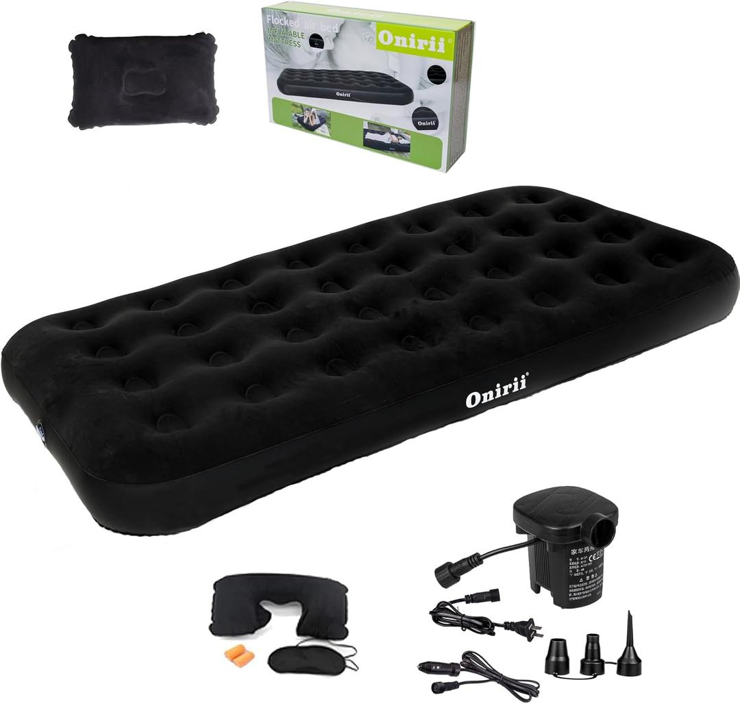 Twin Size Single Camping Air Mattress Bed with Air Pump,Inflatable Travel Air Mattress,Thickened Portable Blow Up Sleeping Bed Pad for Truck Tent Camping/Home/Hiking(Black)