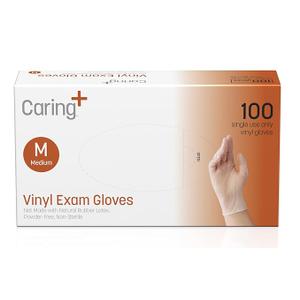 Caring Vinyl Exam Gloves (100ct), Powder Free and Not Made with Natural Rubber Latex, Gloves for Medical Use, First Aid, Food Prep and More, Medium